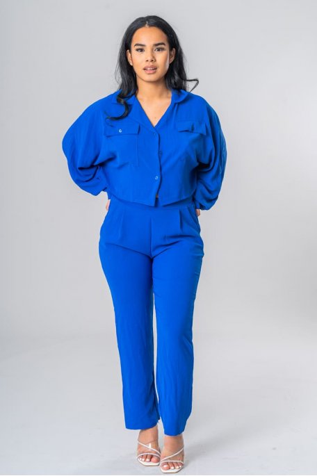 Blue stretch shirt crop top pants set
