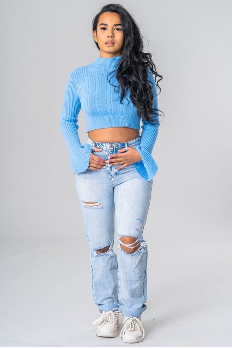 Blue ripped high waist straight cut jeans