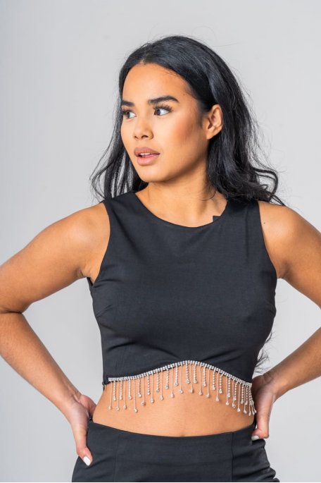 Crop Top ärmellos Strass schwarz