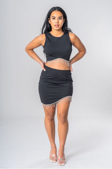 Short asymmetrical skirt with black rhinestones