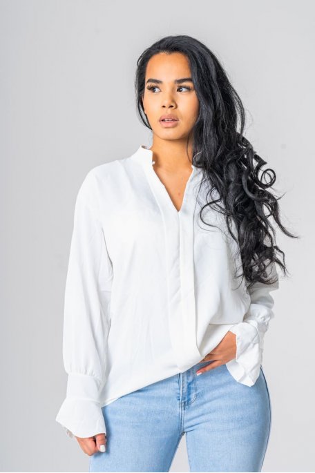 Blouse fluide col manches volants blanc