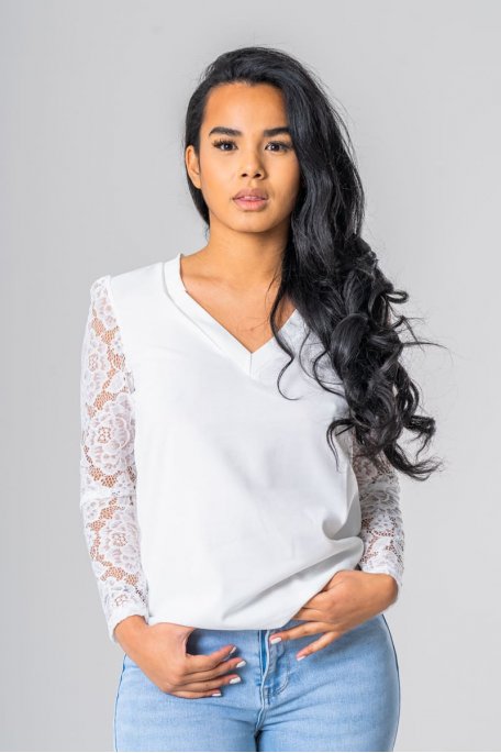 Blouse col v manches dentelle blanc