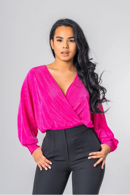 Fluid bodysuit with pink wrap-around neckline