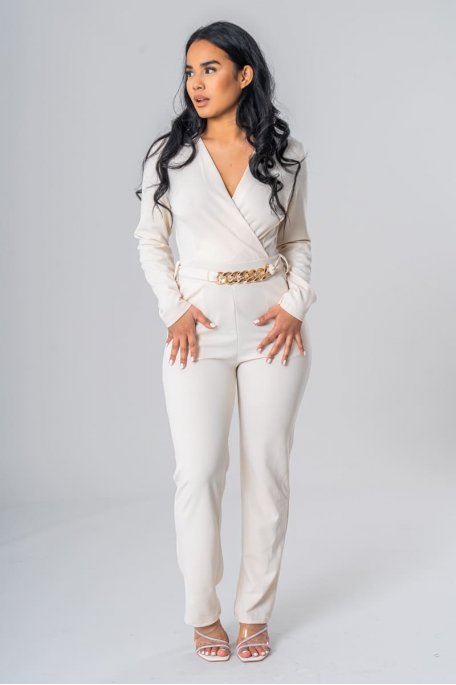 Jumpsuit pants with beige belted wrap around neckline