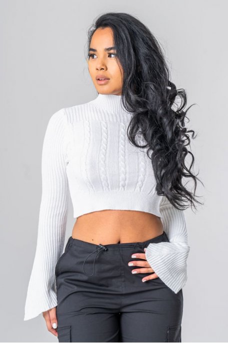 Pull crop top manches évasées blanc