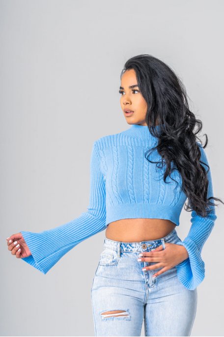 Pull crop top manches évasées bleu
