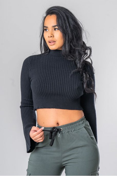 Crop Top Pullover mit ausgestellten Ärmeln schwarz