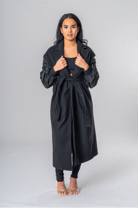 Langer Mantel aus zwei Materialien schwarz