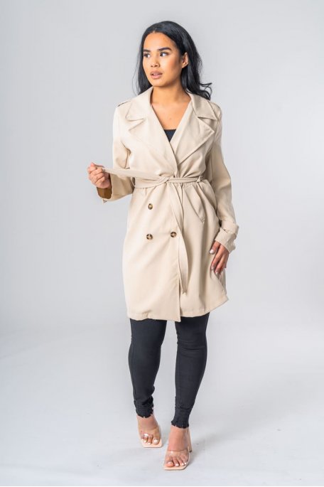 Beige mid-length belted coach trench coat