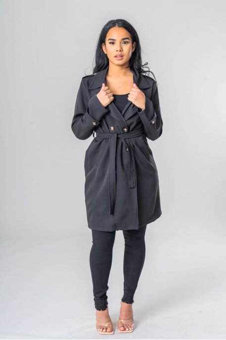 Mid-length black trenchcoat with belt
