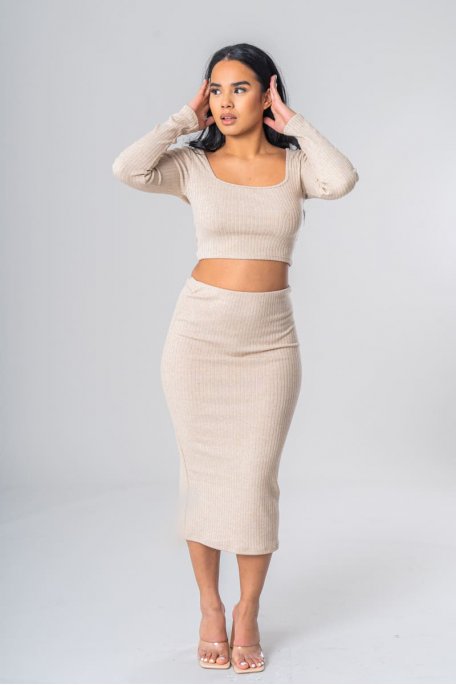 Beige top-skirt set