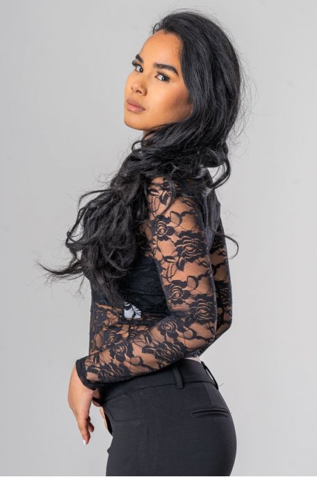 Top dentelle motif fleur noir