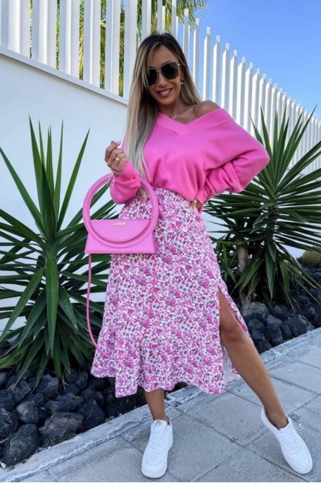 Fuchsia long floral skirt with slit