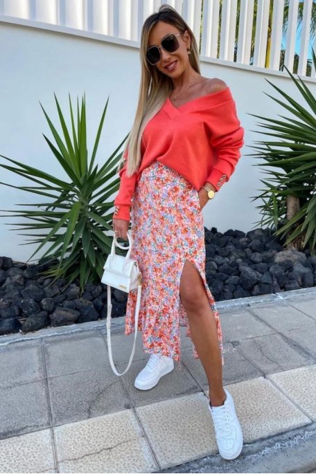Long floral skirt with orange slit