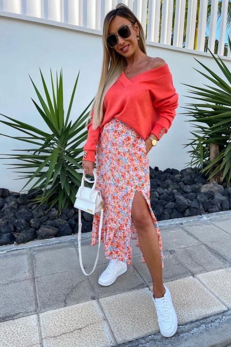 jupe longue fleurie orange