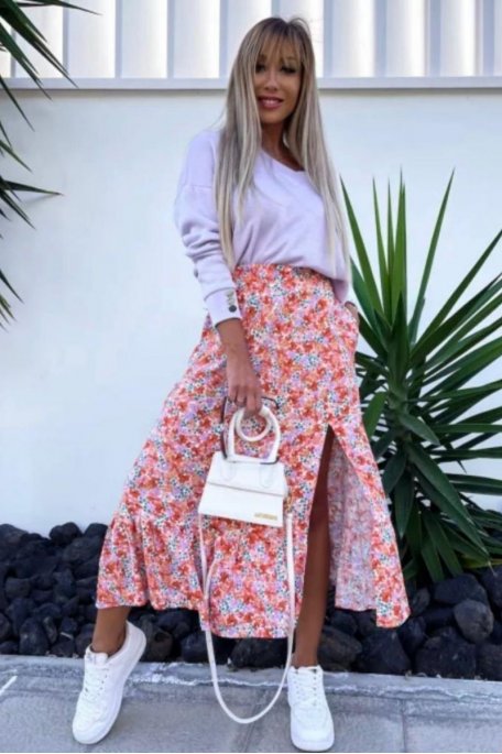 Long pink floral skirt with slit