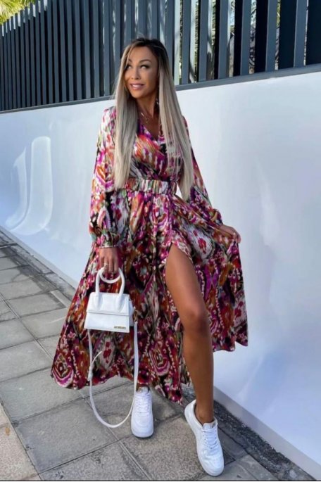 Robe longue décolleté cache-cœur motif rose