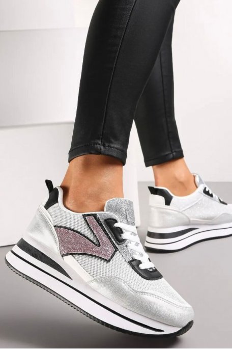 Silver glittery bi-material sneakers
