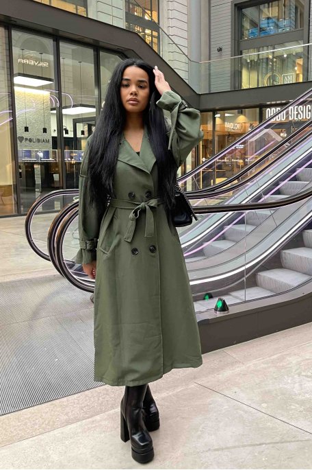 Langer Trenchcoat mit Gürtel in Khaki