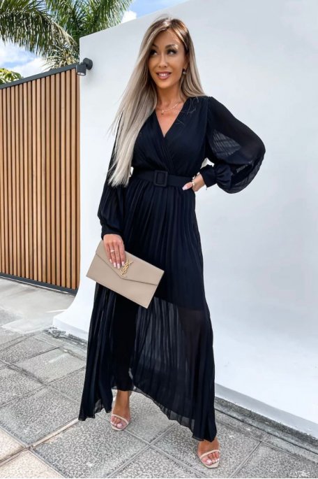 Black pleated belted wrap dress
