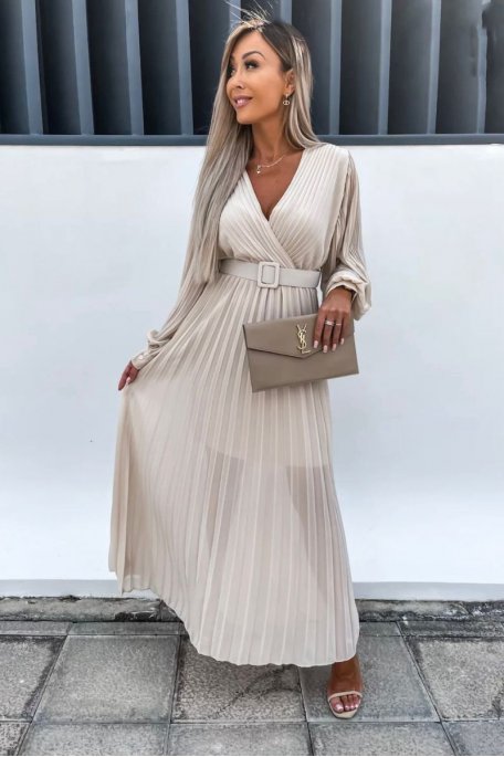 Robe longue plissée ceinturée cache-cœur beige