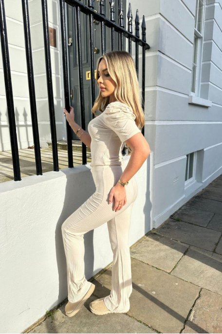 Beige ribbed top and sleeves set with draped effect