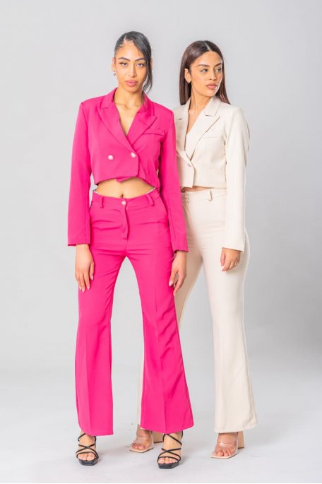 Crop Top Blazer Set Ausgestellte Hose Rosa