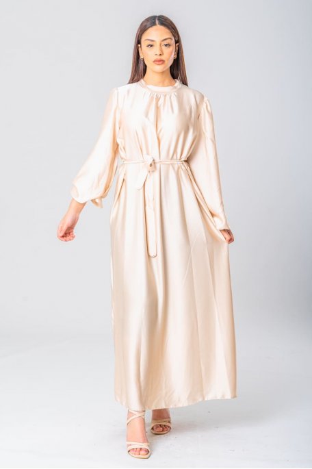 Langes Kleid mit Puffärmeln und Gürtel beige