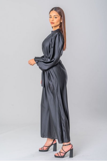 Robe longue ceintur e fluide noire Cinelle Paris mode femme