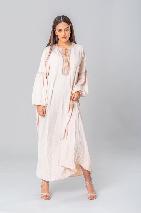 Djellaba-Kleid mit goldener Stickerei Kordel beige