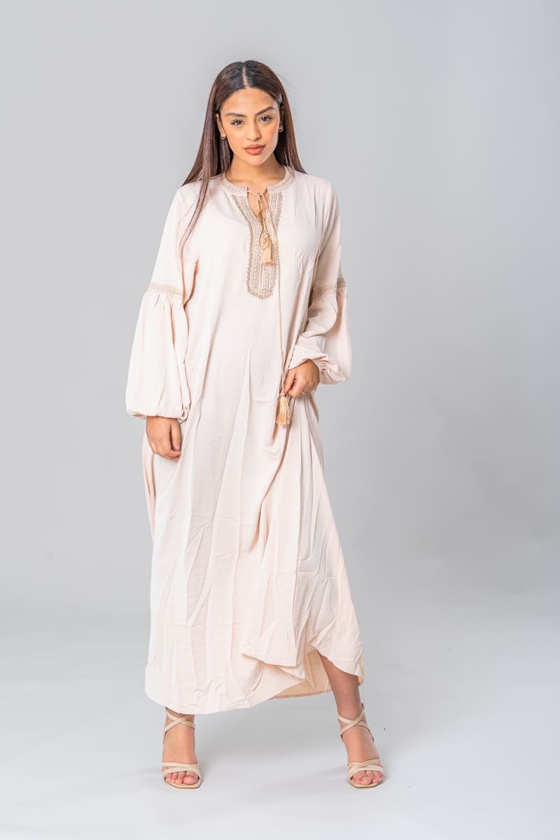 Beige djellaba dress with decorative drawstring Cinelle Paris fashion woman