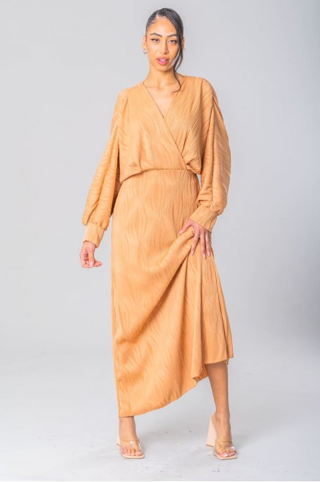 Langes Kleid mit Einfassung Ausschnitt Cache-Cœur camel