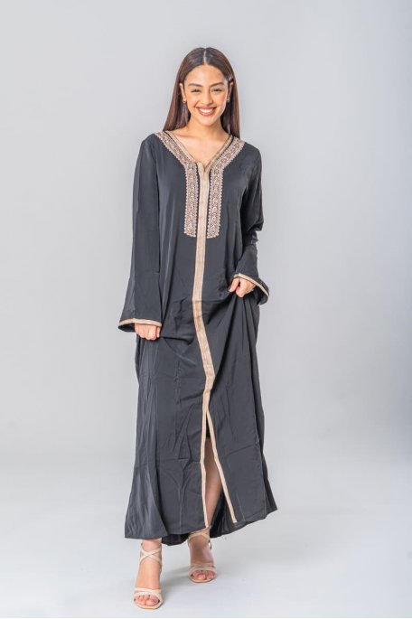 Long slit djellaba dress with gold embroidery black