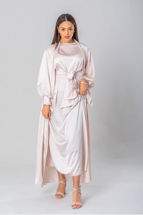 Long dress and beige satin vest set