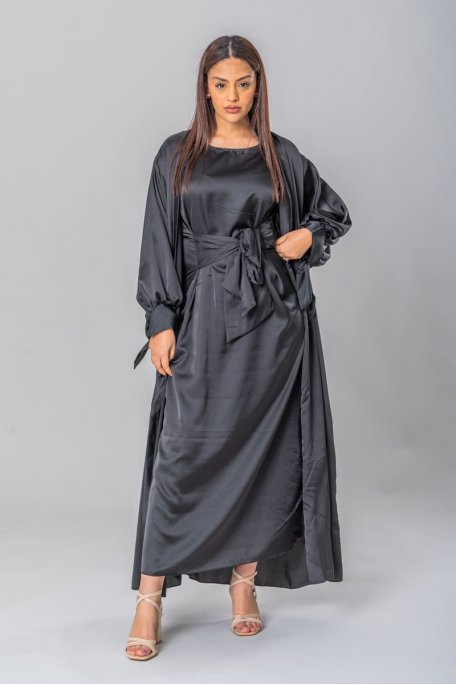 Ensemble robe longue et gilet satiné noir