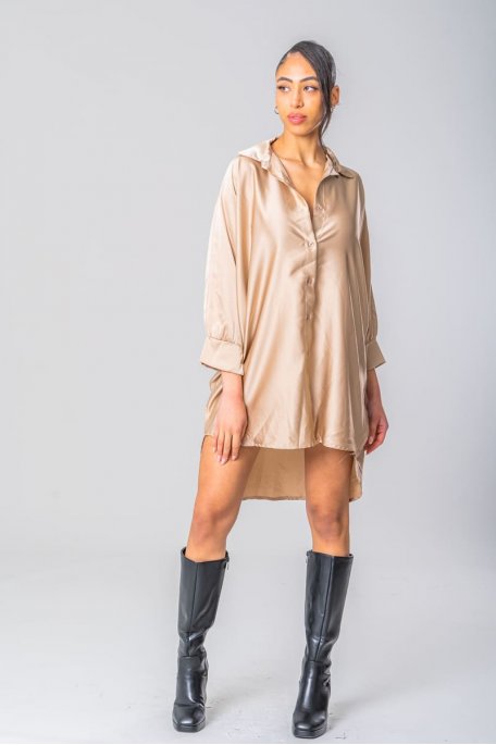 Chemise longue manches chauves-souris satinée beige