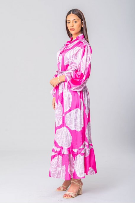 Long dress with high collar and pink motif