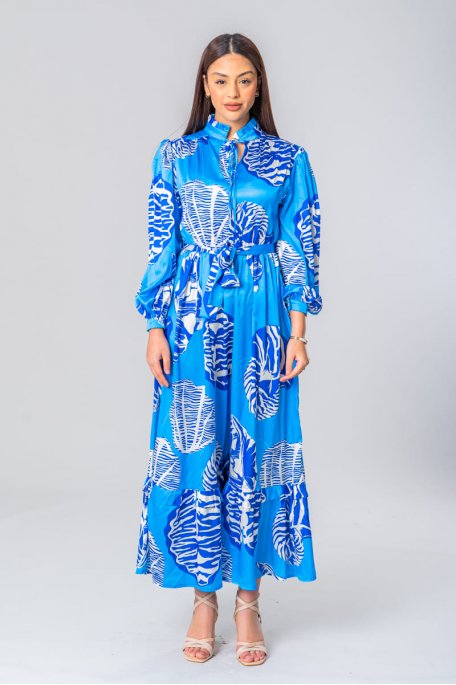 Long dress with high collar, blue pattern