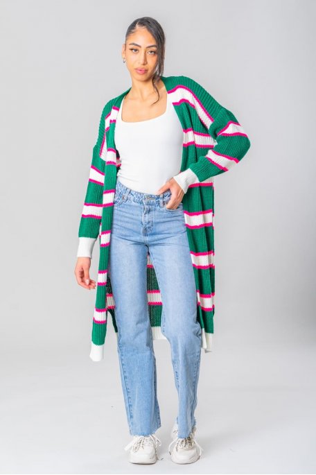 Long striped green knitted cardigan