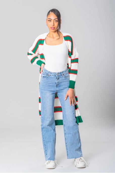 Lange gestreifte Strickjacke weiß