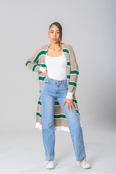 Beige long striped knitted cardigan