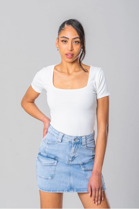 Short blue denim cargo skirt