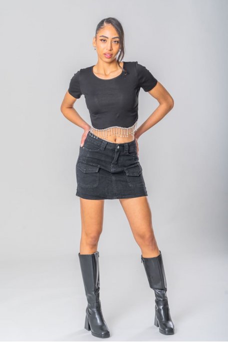 Short black denim cargo skirt