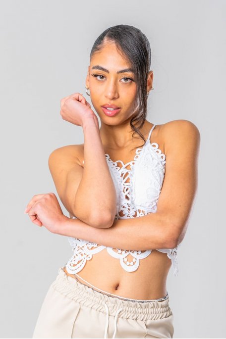 White lace string back crop top