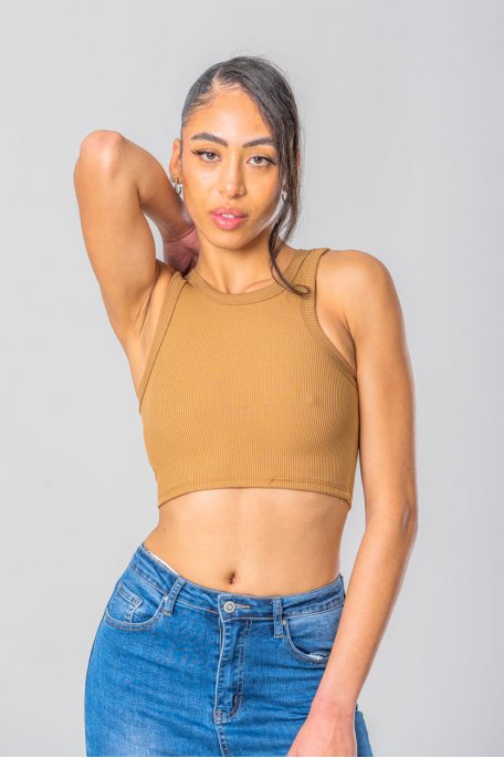 Débardeur crop top côtelé camel