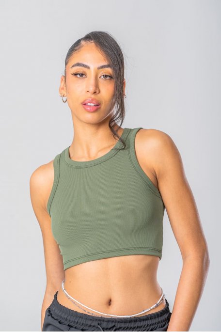 Débardeur crop top côtelé kaki