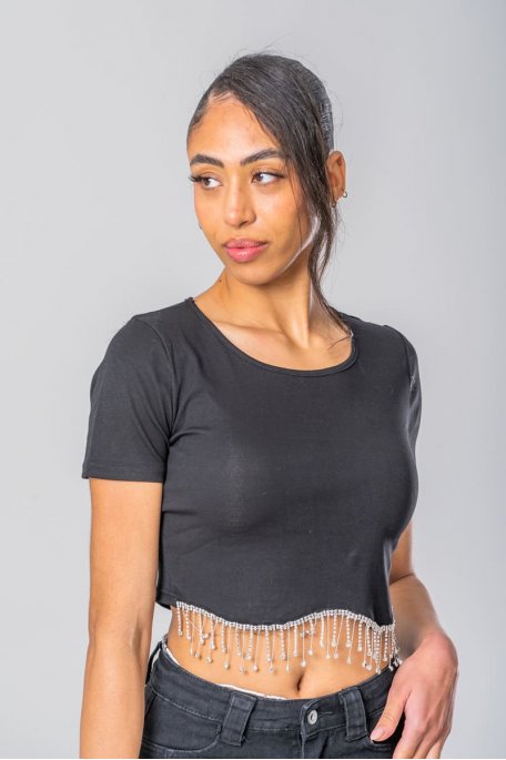 Crop Top mit Strasssteinen schwarz