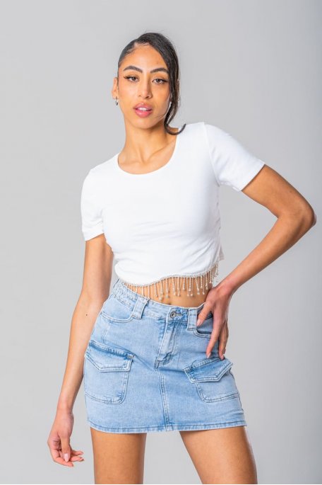 Crop Top mit Strasssteinen weiß