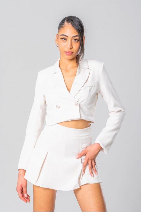 Ensemble beige crop top blazer short jupe Cinelle Paris mode femme tendance