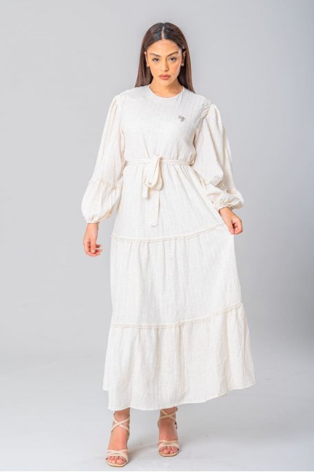 Modest beige lace belted maxi dress
